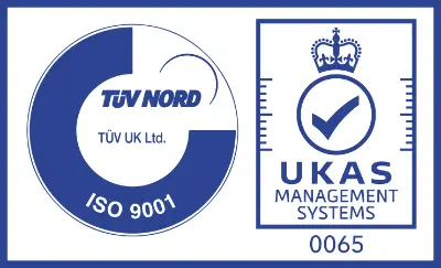 TÜV NORD ISO 9001 and UKAS certification badge — view the ISO 9001 certificate (PDF)