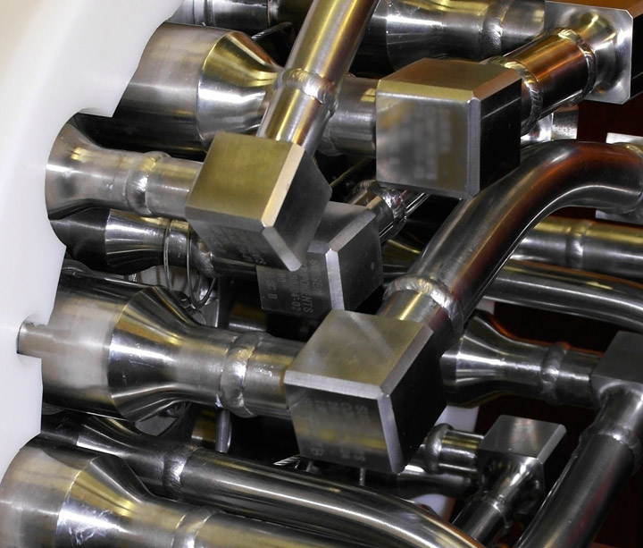Close-up of TIG-welded stainless steel tube manifold